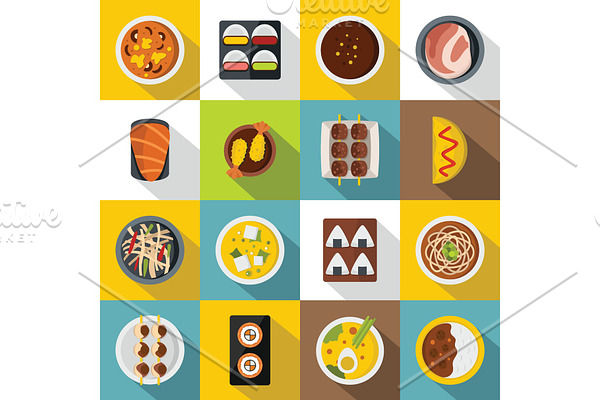 Japan food icons set, flat style