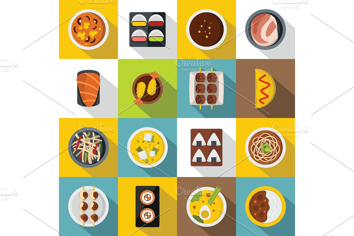Japan food icons set, flat style in Illustrations - product preview 8