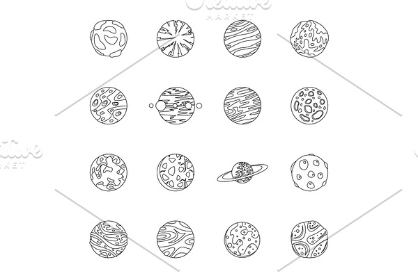 Fantastic planets icons set, outline