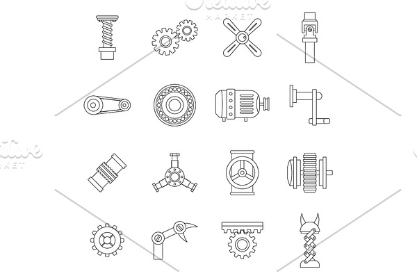 Techno mechanisms kit icons set