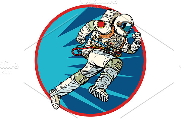 astronaut runs forward round logo