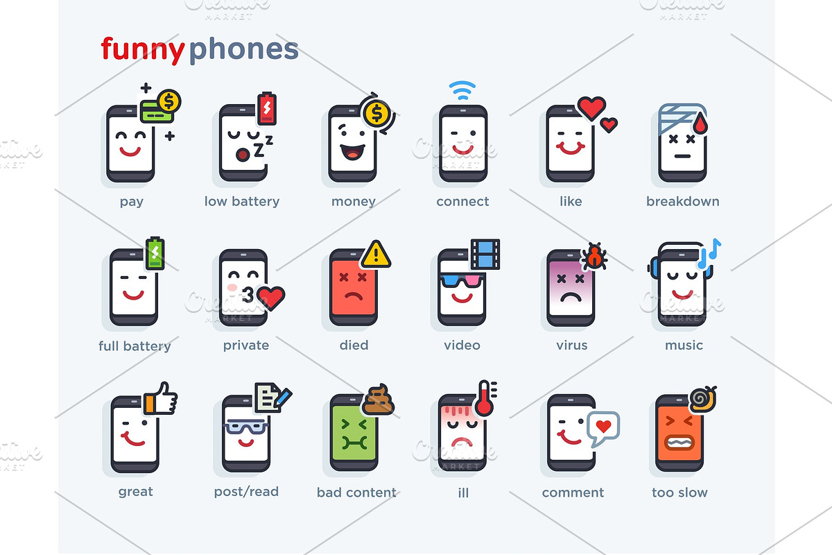 set of smile phones with different in Icons - product preview 8