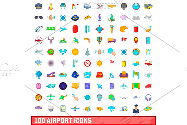 100 airport icons set, cartoon style