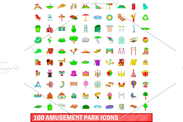 100 amusement park icons set