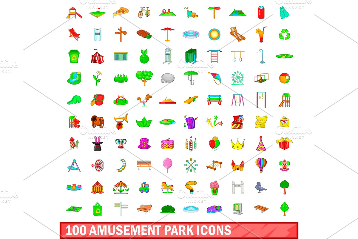 100 amusement park icons set in Objects - product preview 8