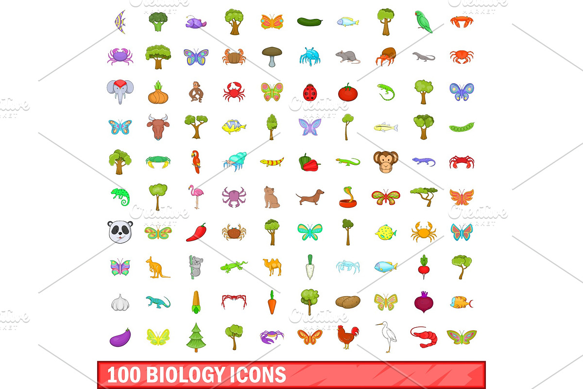 100 biology icons set, cartoon style in Illustrations - product preview 8
