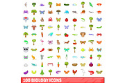 100 biology icons set, cartoon style