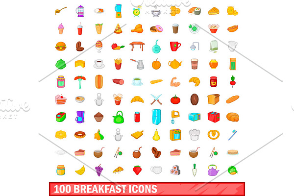 100 breakfast icons set, cartoon