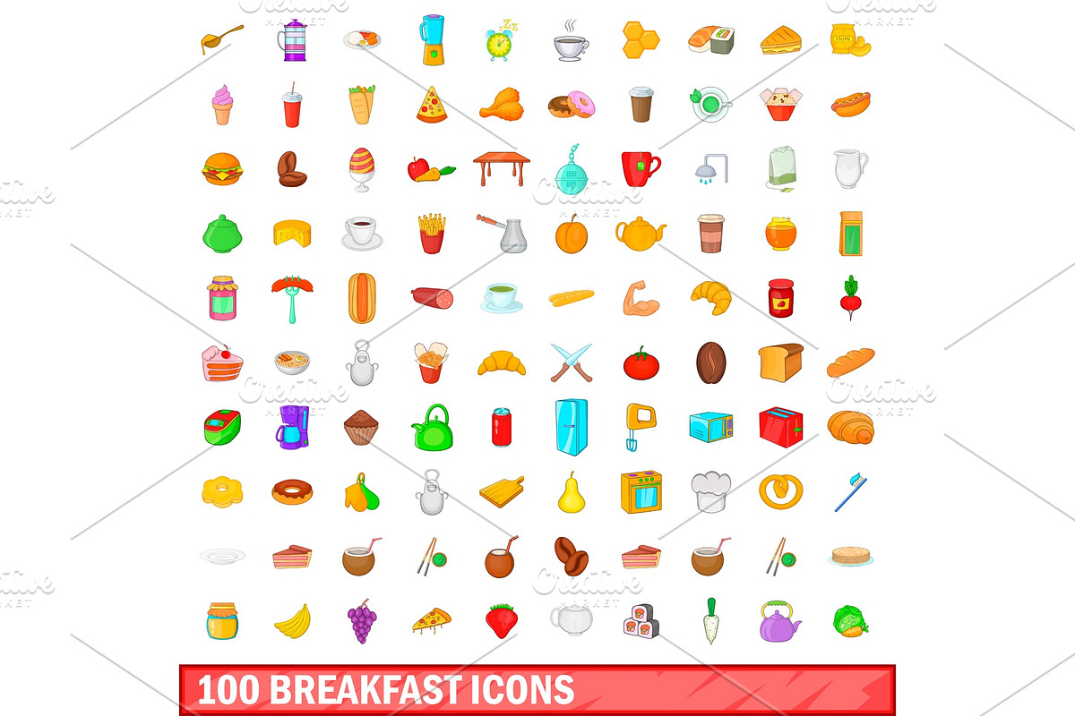 100 breakfast icons set, cartoon in Illustrations - product preview 8