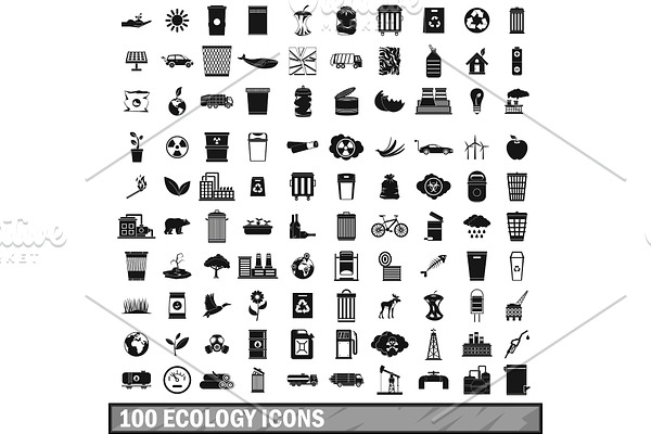 100 ecology icons set, simple style