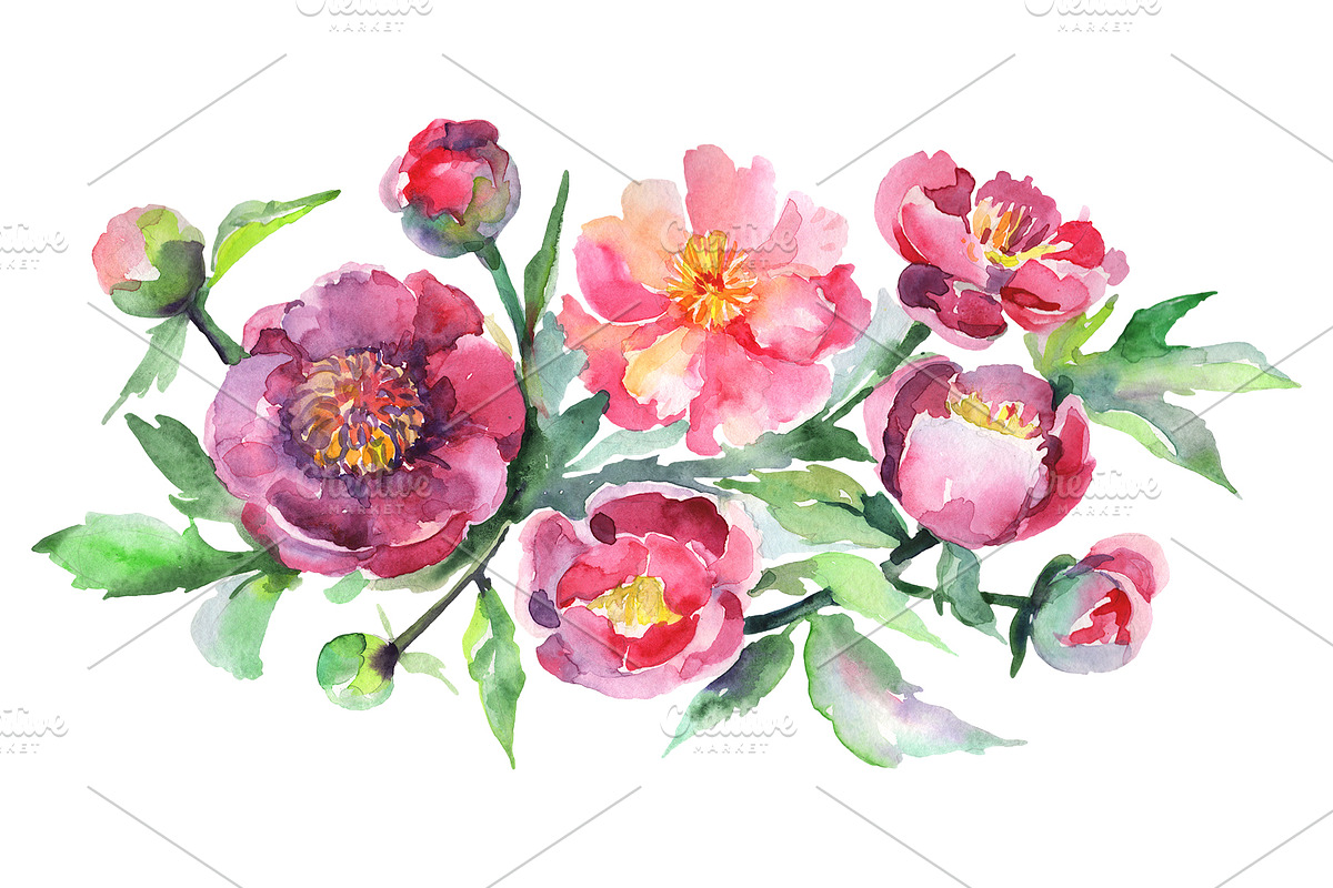 Bouquet with pink peonies Watercolor in Illustrations - product preview 8