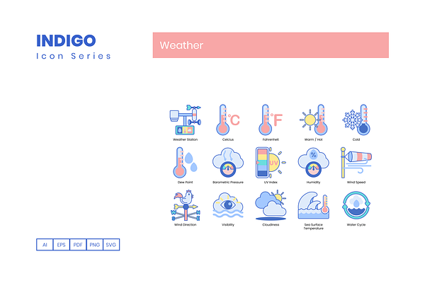 90 Weather Icons | Indigo Series