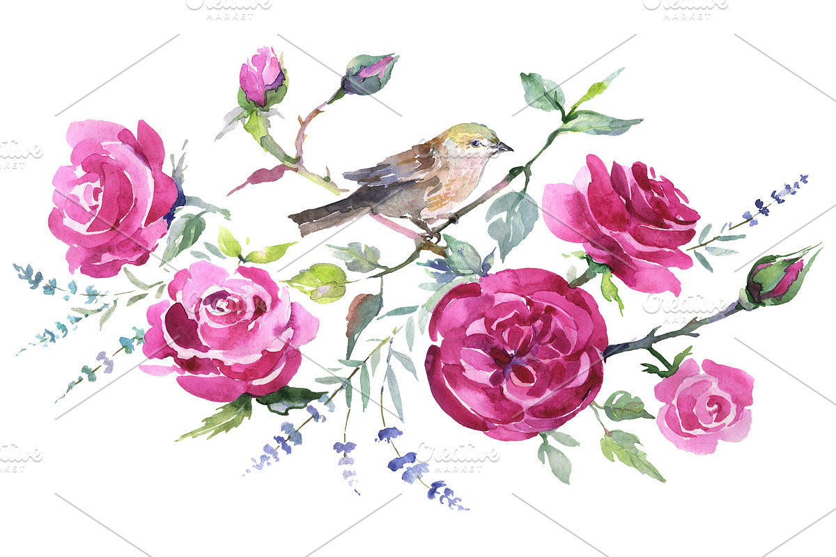 Bouquet with roses and a bird in Illustrations - product preview 8