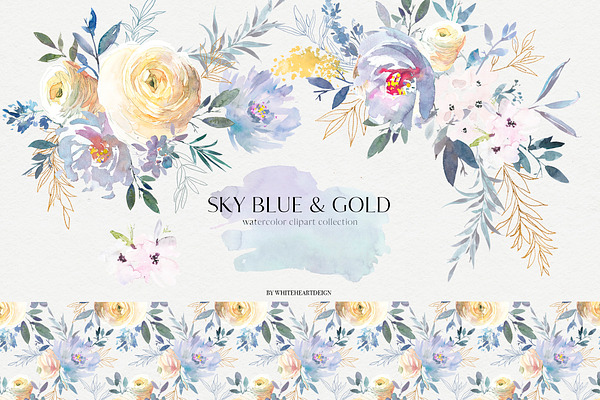 Sky Blue & Gold Floral Clip Art  Set