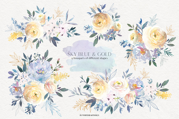 Sky Blue & Gold Floral Clip Art  Set in Illustrations - product preview 1