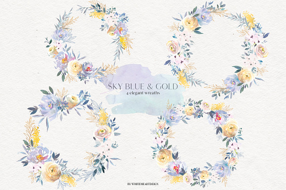 Sky Blue & Gold Floral Clip Art  Set in Illustrations - product preview 4