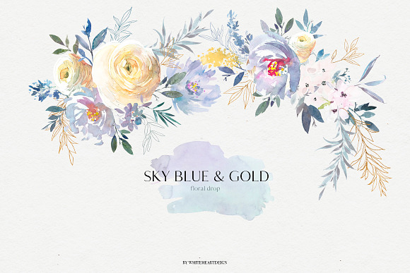 Sky Blue & Gold Floral Clip Art  Set in Illustrations - product preview 7