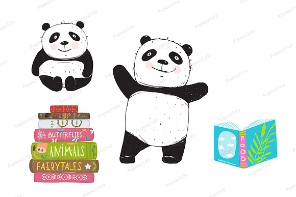 Panda Bear Reading Books in Illustrations - product preview 1