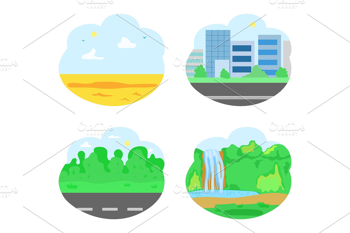 Nature and City, Road and Waterfall in Illustrations - product preview 8