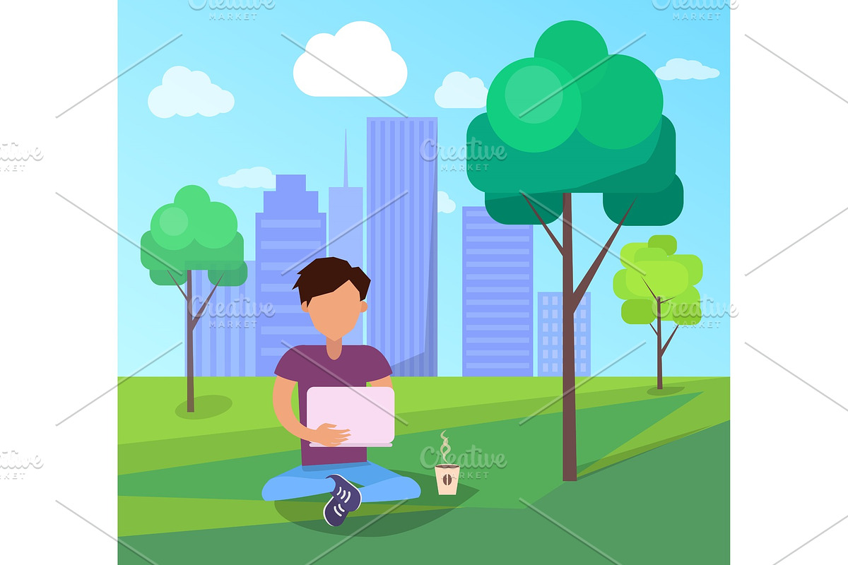 Male in Park Using Modern Computer in Illustrations - product preview 8