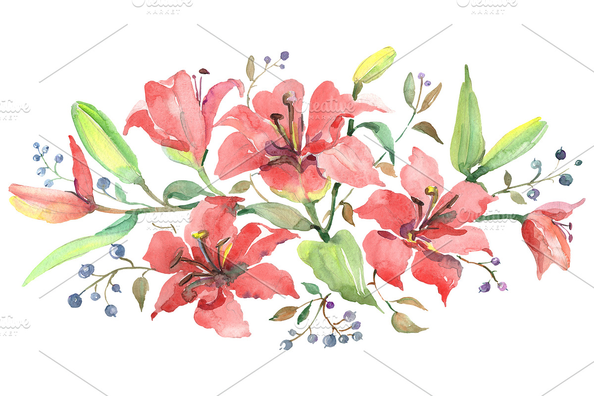 Branch of orange lilies Watercolor in Illustrations - product preview 8