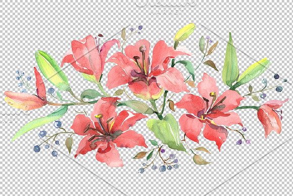 Branch of orange lilies Watercolor in Illustrations - product preview 1