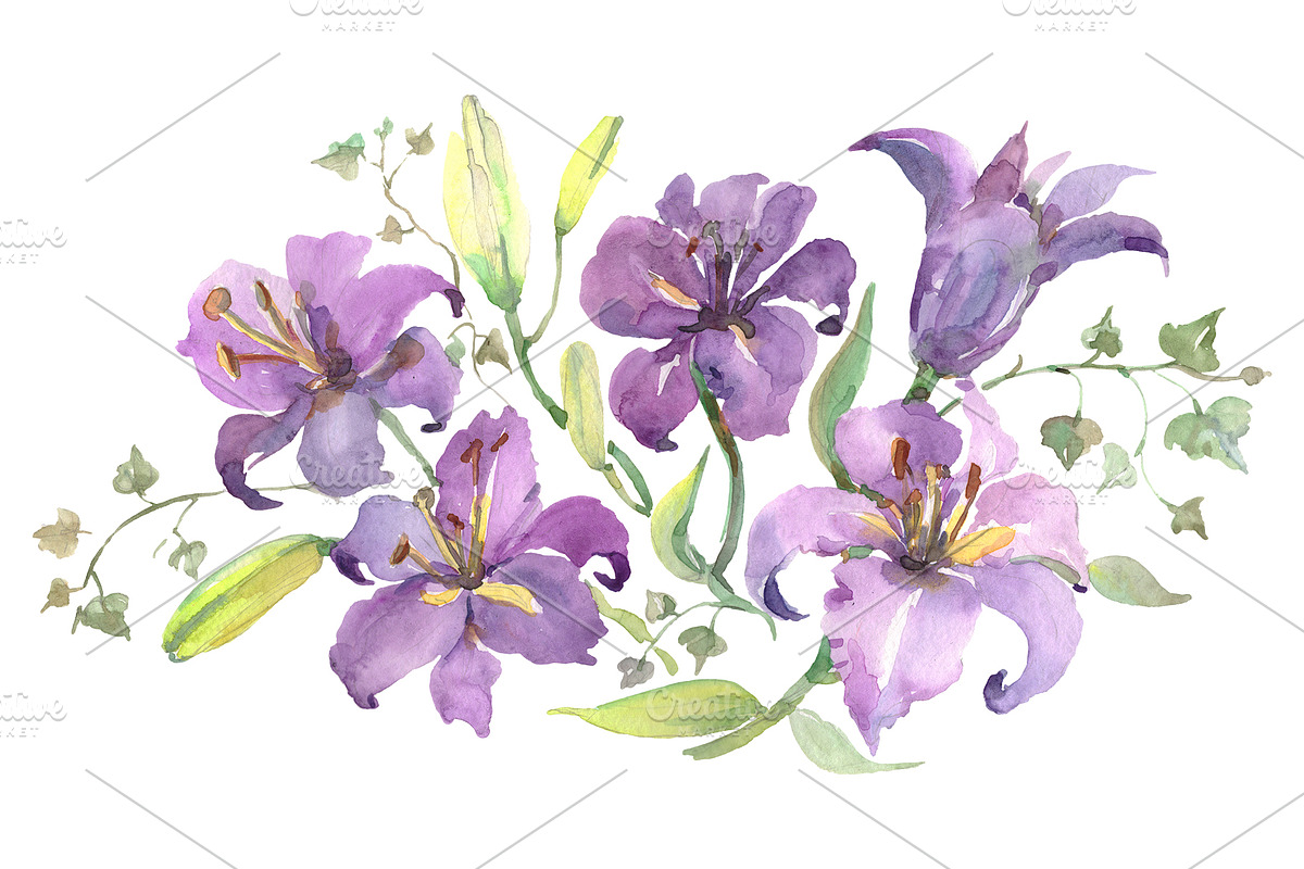 Bouquet with purple lilies in Illustrations - product preview 8
