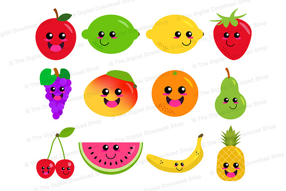 Happy Fruit Clipart, Cute Fruit in Illustrations - product preview 1
