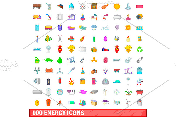 100 energy icons set, cartoon style
