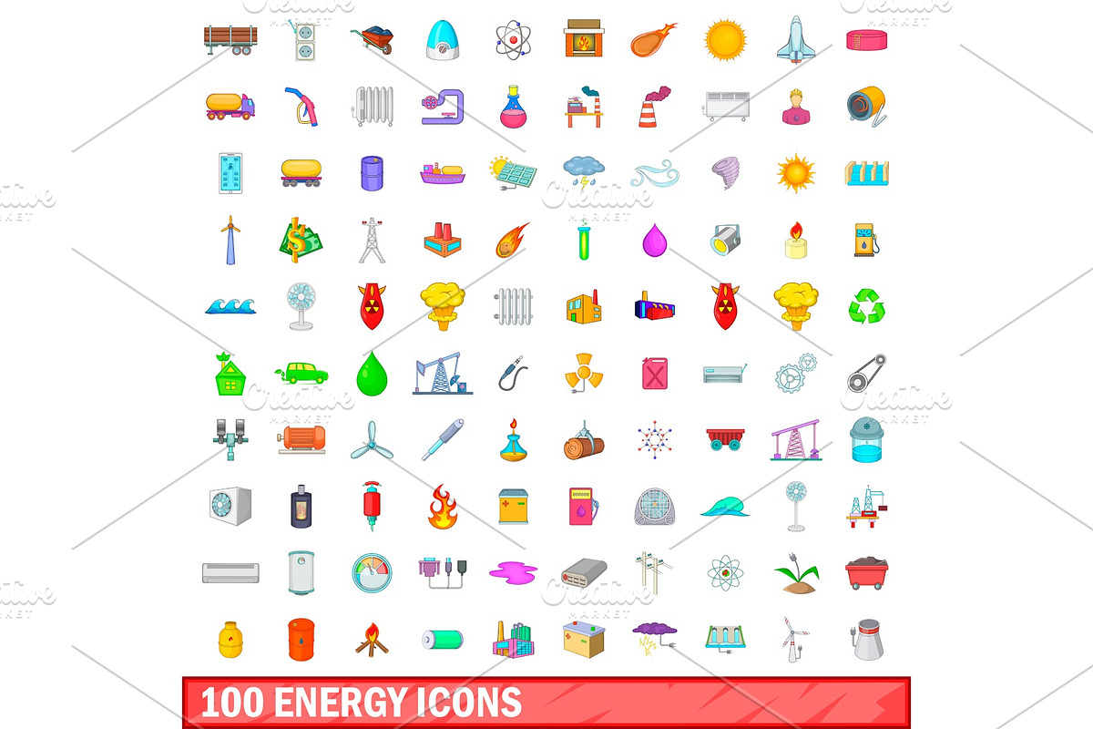 100 energy icons set, cartoon style in Illustrations - product preview 8