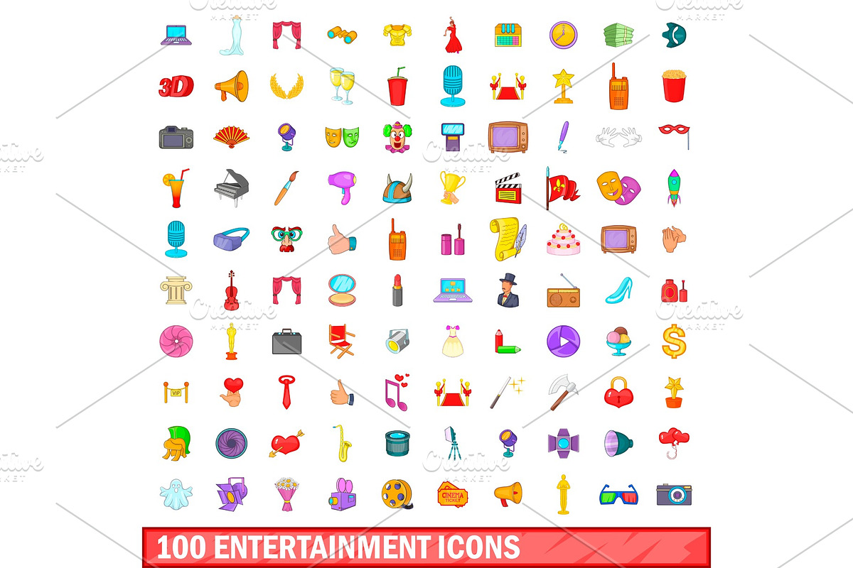 100 entertainment icons set, cartoon in Objects - product preview 8
