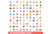 100 entertainment icons set, cartoon