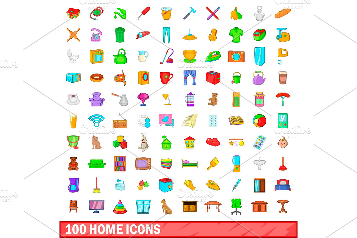 100 home icons set, cartoon style in Illustrations - product preview 8
