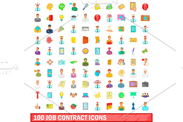 100 job contract icons set, cartoon