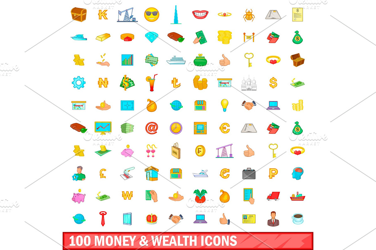 100 money and wealth icons set in Illustrations - product preview 8