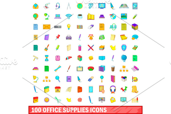 100 office supplies icons set