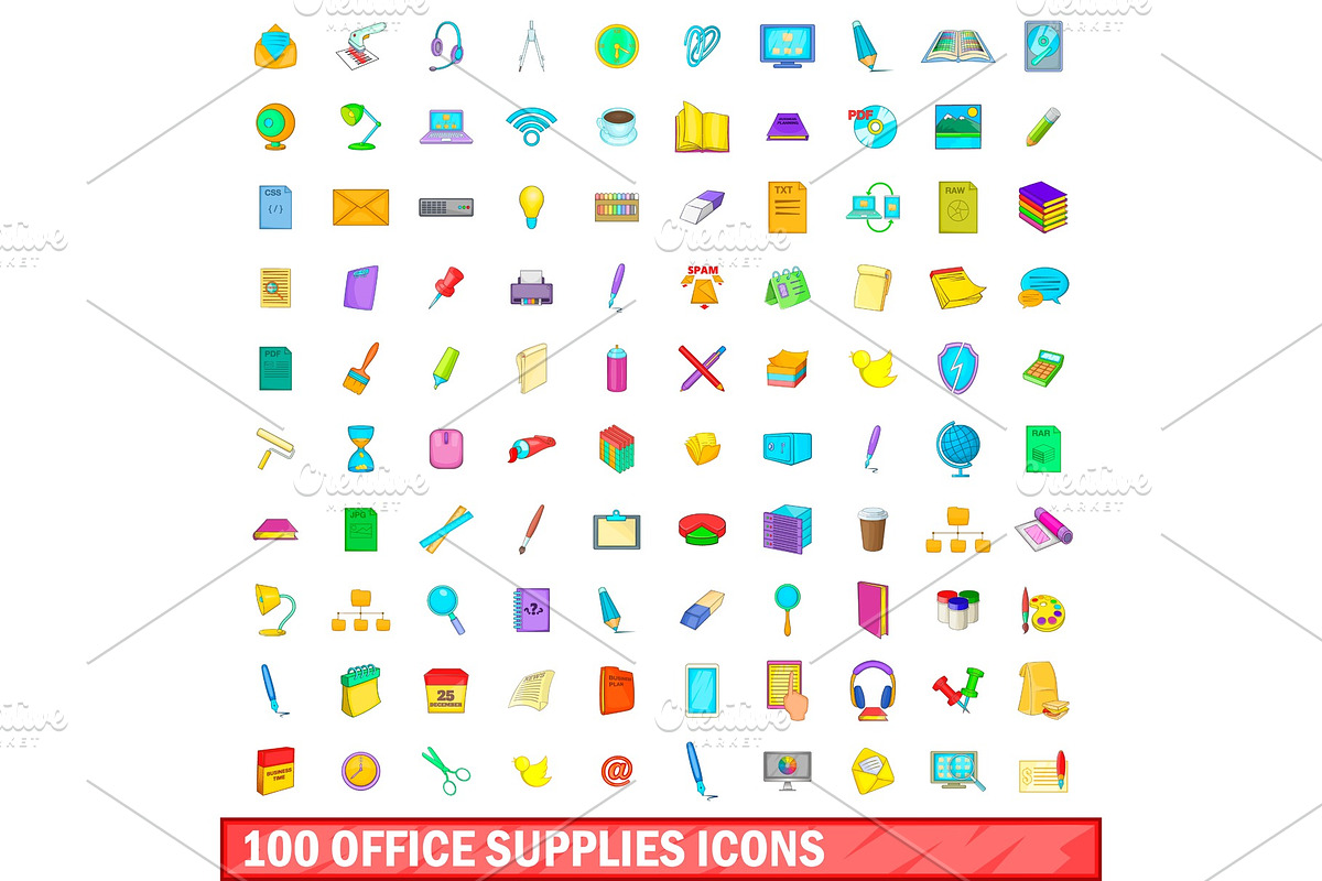 100 office supplies icons set in Objects - product preview 8