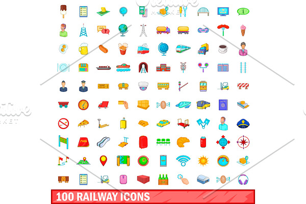 100 railway icons set, cartoon style