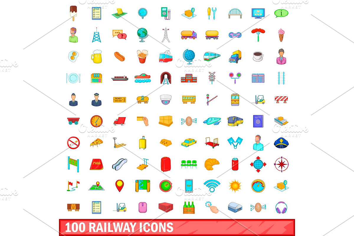 100 railway icons set, cartoon style in Illustrations - product preview 8
