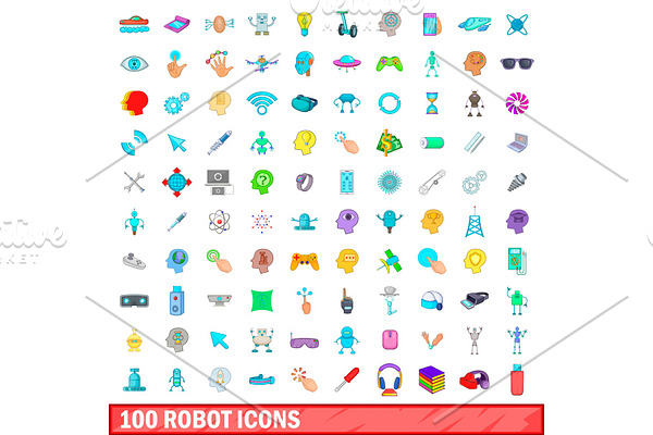 100 robot icons set, cartoon style