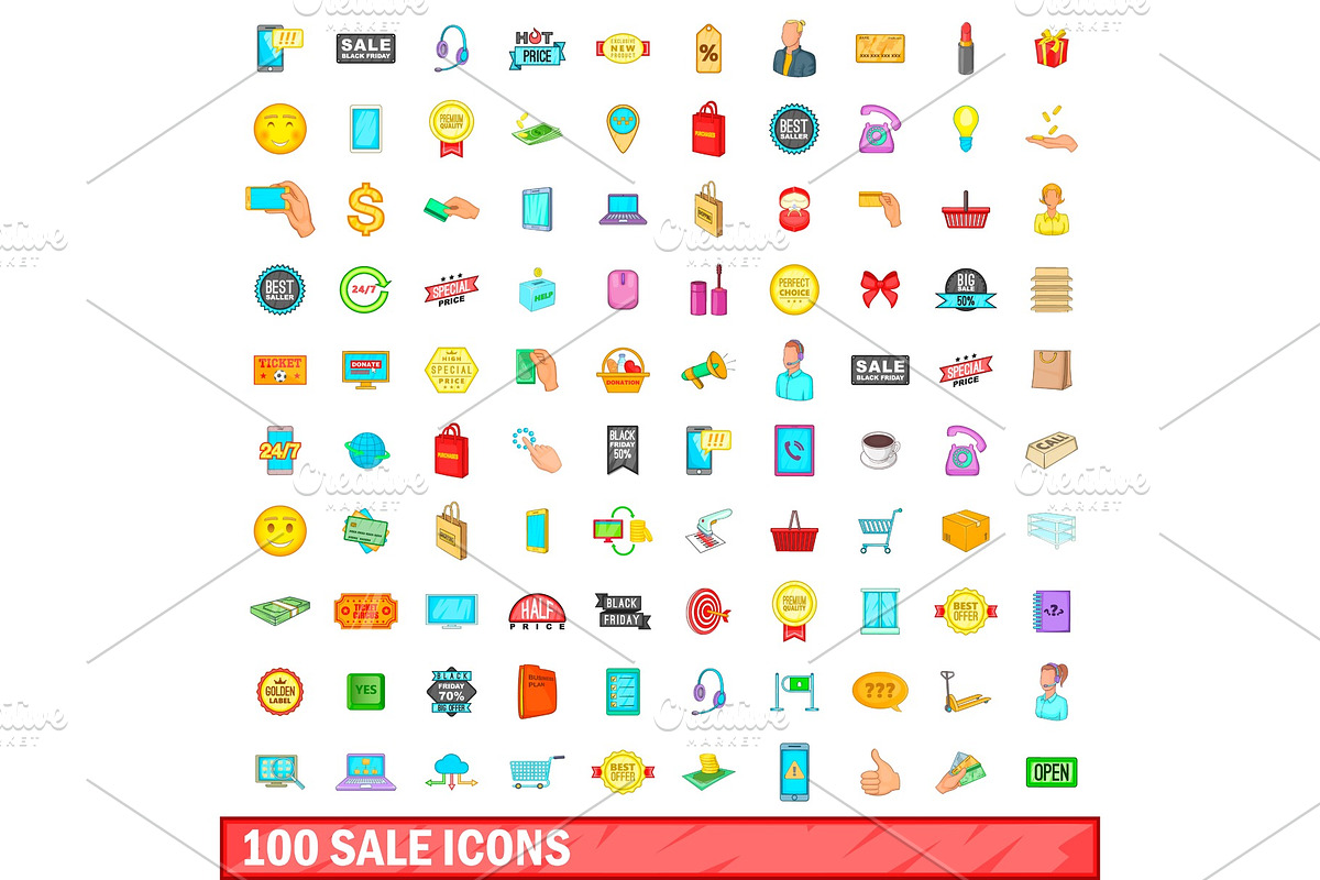 100 sale icons set, cartoon style in Objects - product preview 8