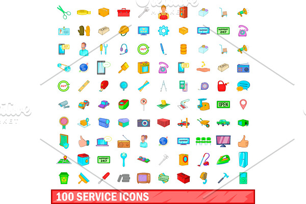 100 service icons set, cartoon style