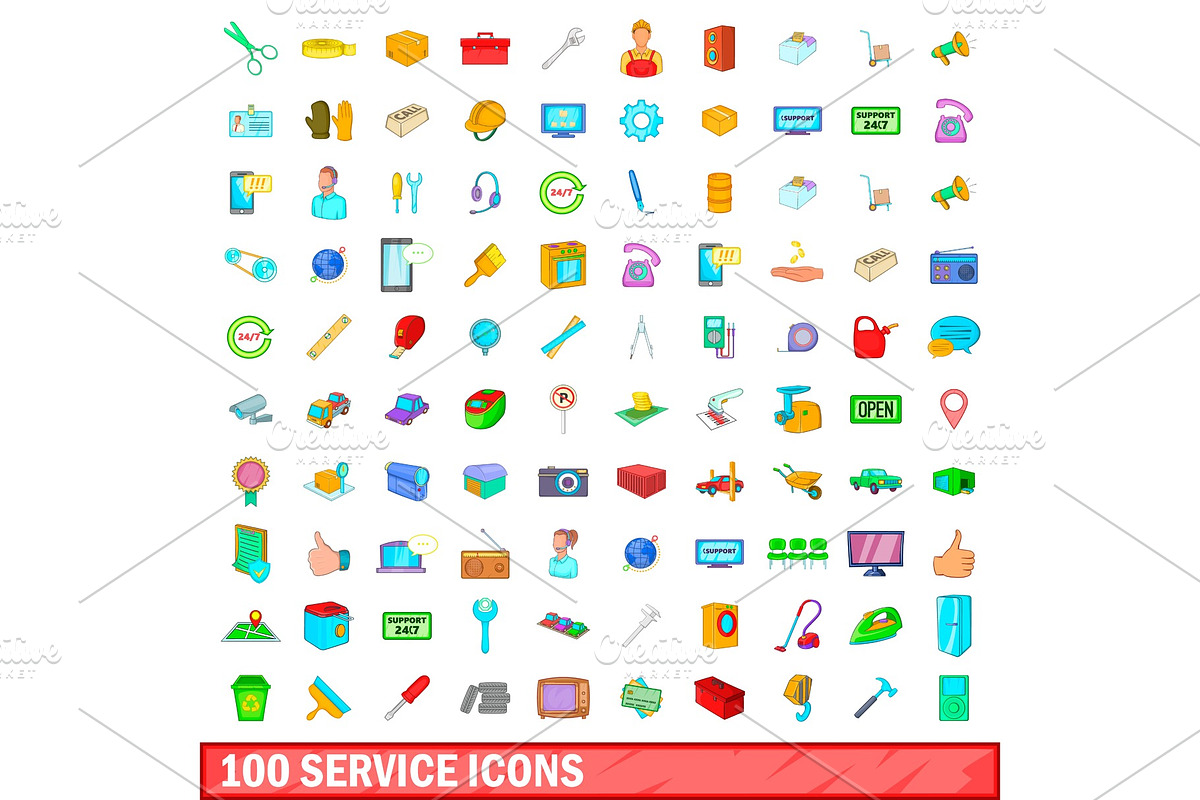 100 service icons set, cartoon style in Illustrations - product preview 8