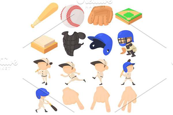 Baseball items icons set, cartoon