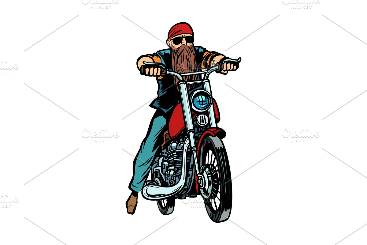 Biker bearded man on a motorcycle in Illustrations - product preview 8