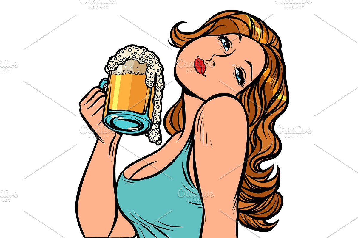 Woman with a mug of beer in profile in Illustrations - product preview 8
