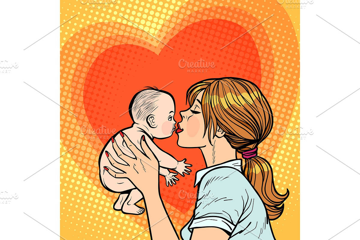 mom kisses baby, woman mother in Illustrations - product preview 8
