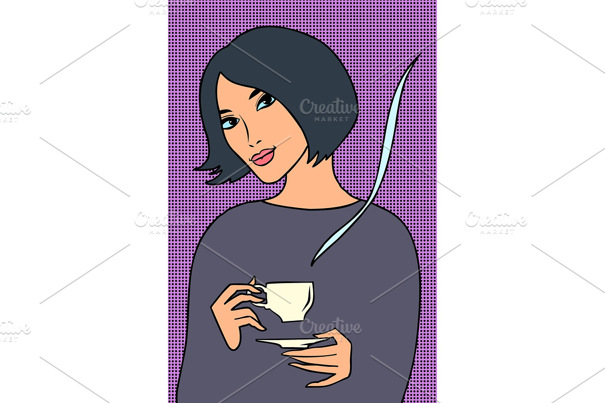 Asian woman with a Cup of coffee in Illustrations - product preview 8