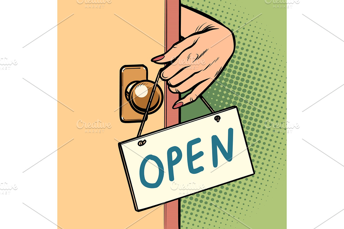 open woman hand hangs a sign on the in Illustrations - product preview 8