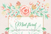 Mint/coral watercolor flower clipart